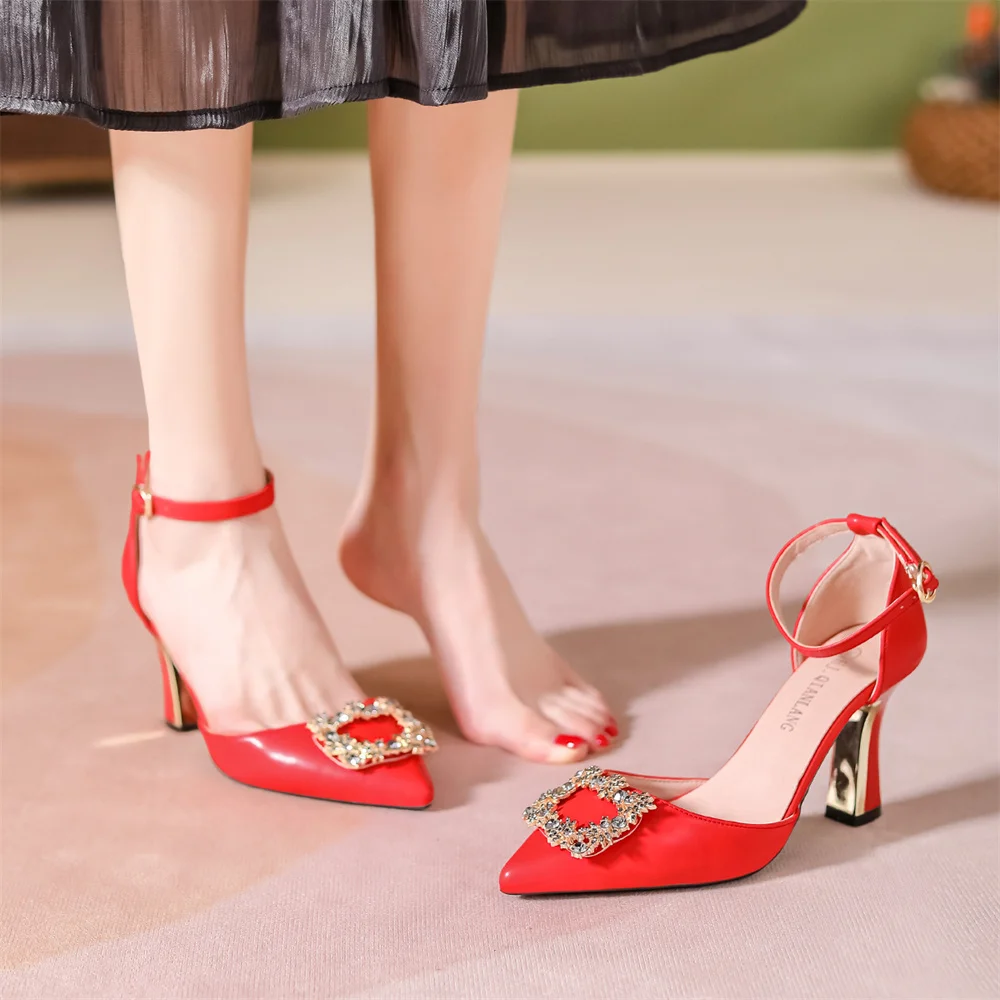 2024 New Summer Women's Shoes Fashion Sardine Rhinestone Pointed Toe High Heels Crystal Slingback Women Pumps Thick Heel Sandal