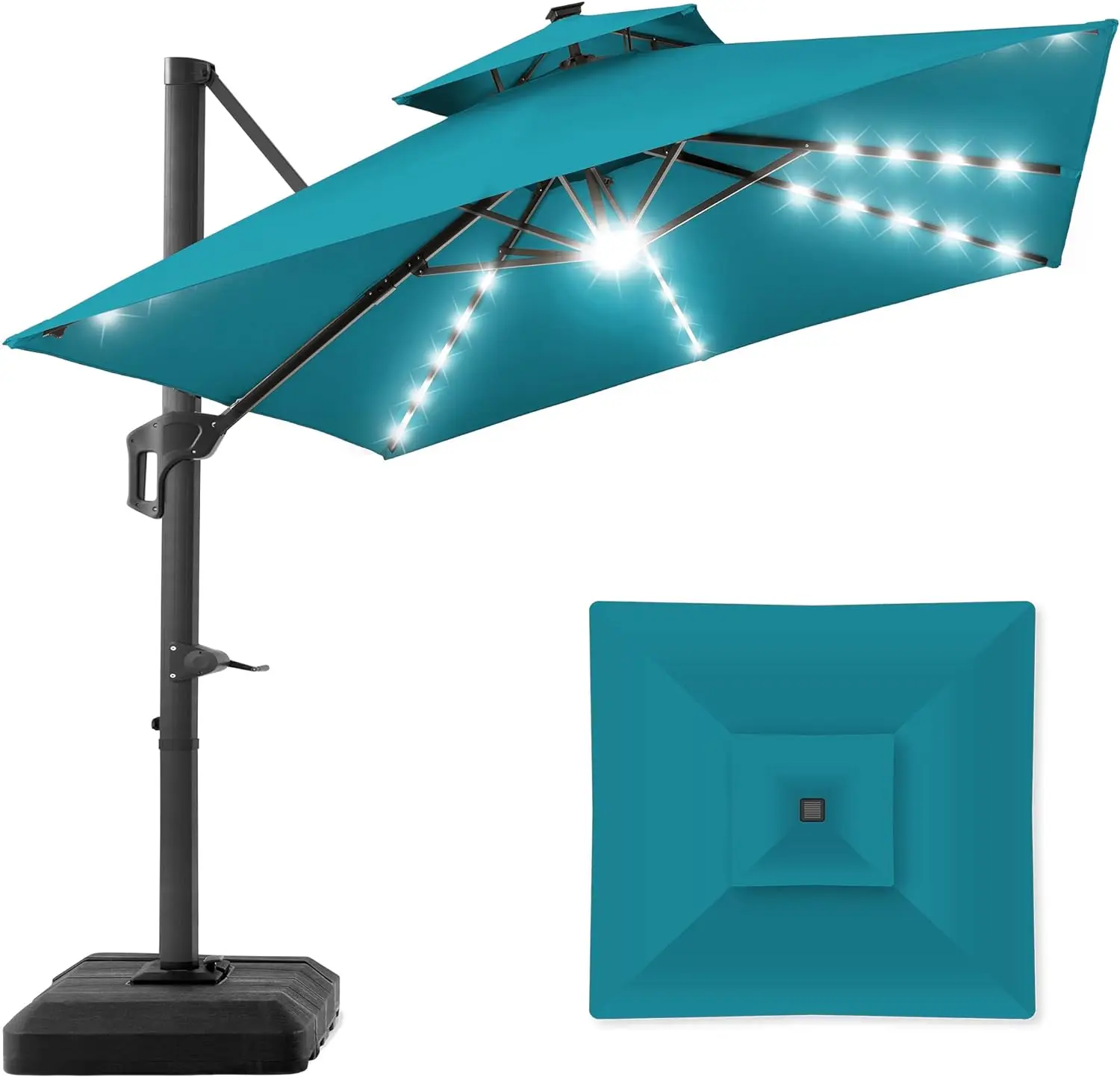 

10x10ft 2-Tier Square Cantilever Patio Umbrella with Solar LED Lights, Offset Hanging Outdoor Sun Shade Included Fillable Base