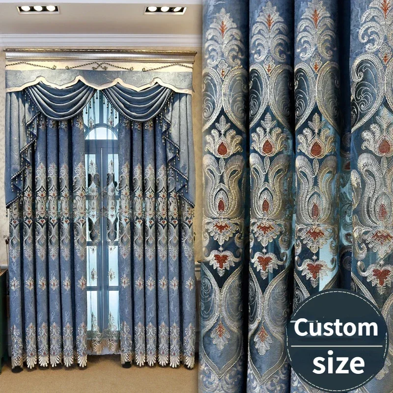 

European Embroider Blue Luxury Curtains for Living Room Dining Blackout Bedroom Snowy Valance Tulle Elegant Decoration Custom