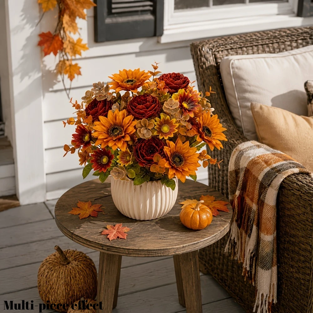 2-teiliger Herbstlicher Künstlicher Blumenstrauß in warmen Tönen mit Sonnenblumen und burgunderfarbenen Rosen für Halloween- und Thanksgiving-Dekoration 2026 – Detail 5