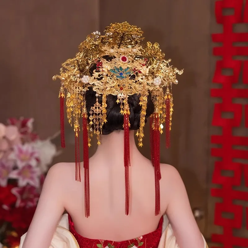 Golden Red Phoenix Crown Pendant for Hanfu High-End Luxurious Wedding Xiuhe Hair Access Chinese Traditional Festive Accessories