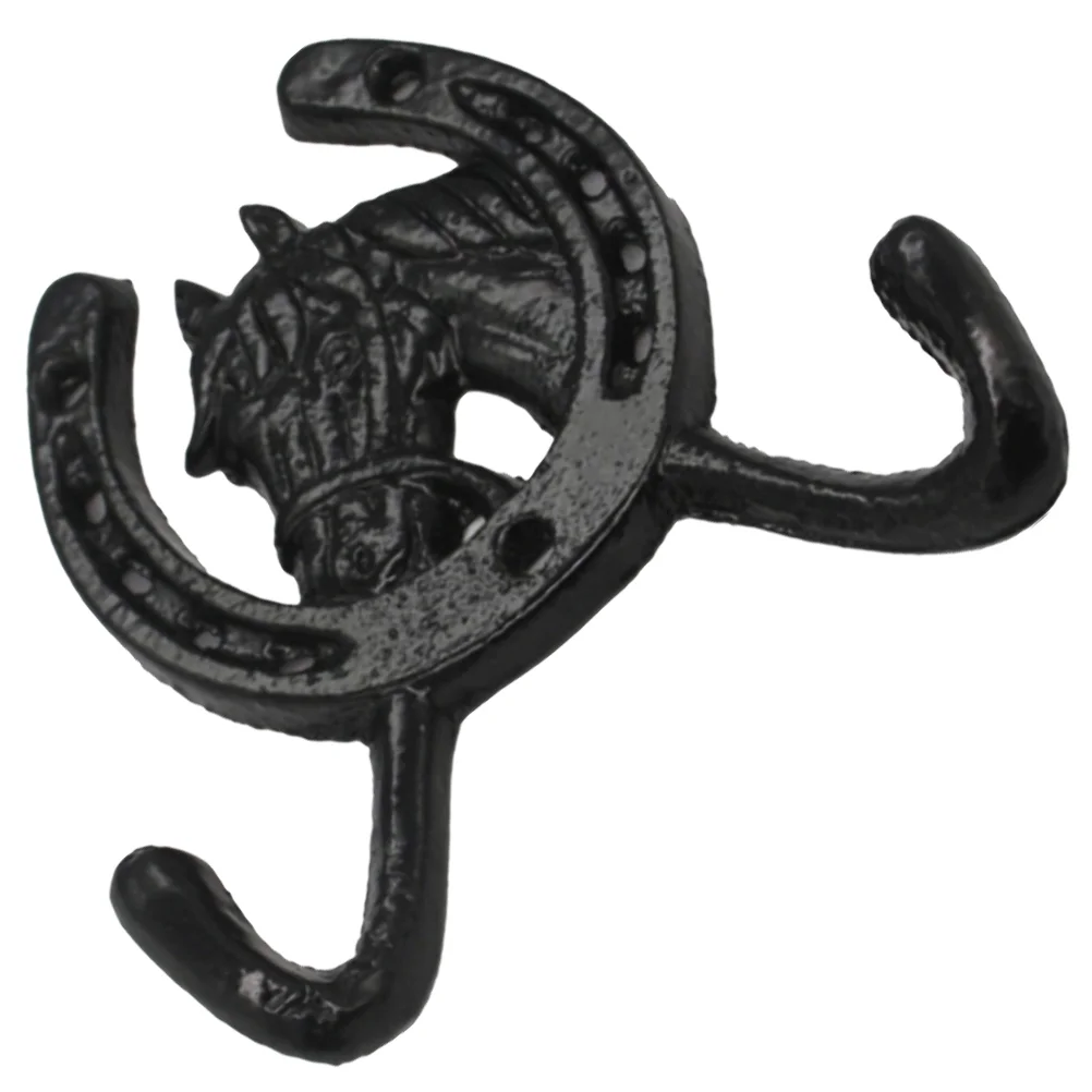 European Style Creative Horse Head Horseshoe Double Hook Wall Cast Iron Black Mounted Towel Hooks Home Key Storage for Hanging