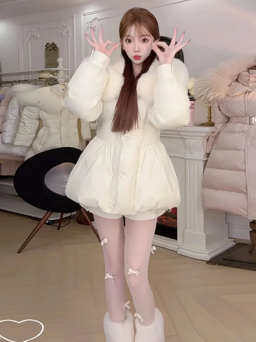 

Faionable Hooded down Jaet Women's Slimming Waist Design Warmth White Du Feather Eco-Friendly Material Korean Sle