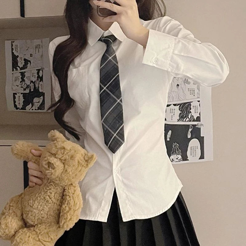 Women White Shirt Korean Preppy Style Long Sleeve Turn Down Collar Blouse Female JK Uniform Sexy Slim Sweet Tops Autumn