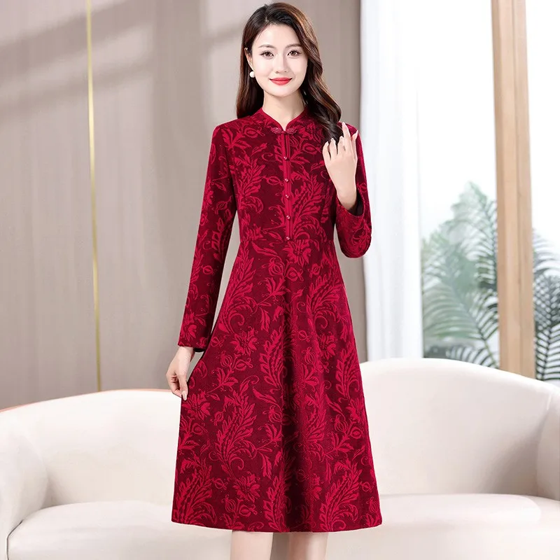 2023 Women's Cheongsam Elegan Casual Disc Buckle Jacquard Flower Dress Spring Women A-line Long Sleeve Dresses Party Vestidos