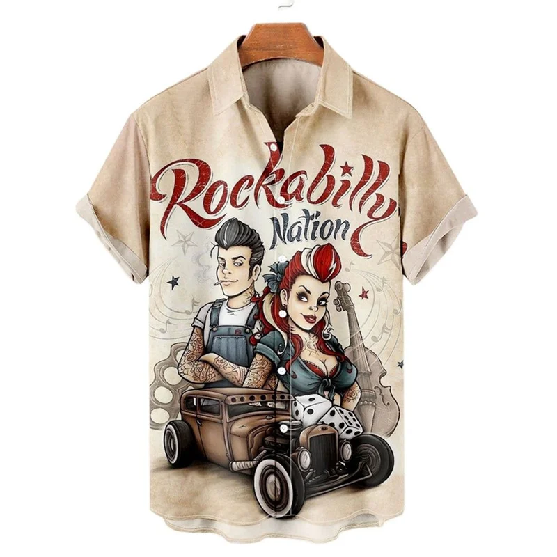 Shirts For Men 3d Vintage Fashion Violin Rocker Printed Rockabilly Hawaiian Shirt Short Sleeve Tops Outdoor Street Clothing