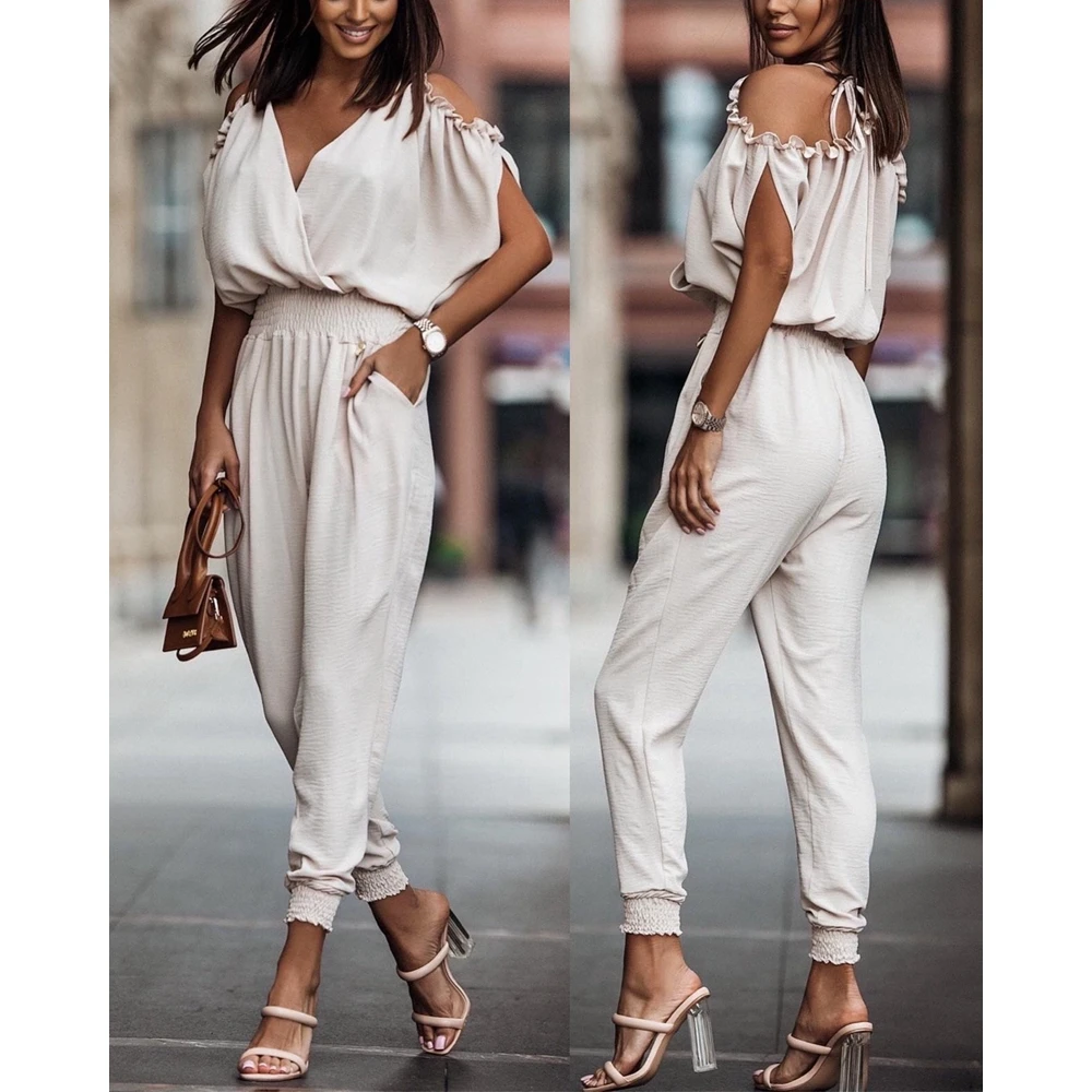 New in Women Elegant Jumpsuit Cold Shoulder Sexy Plunge V-Neck Jumpsuit Summer Stylish Ruched Lady Short Sleeve Cuffed Jumpsuits