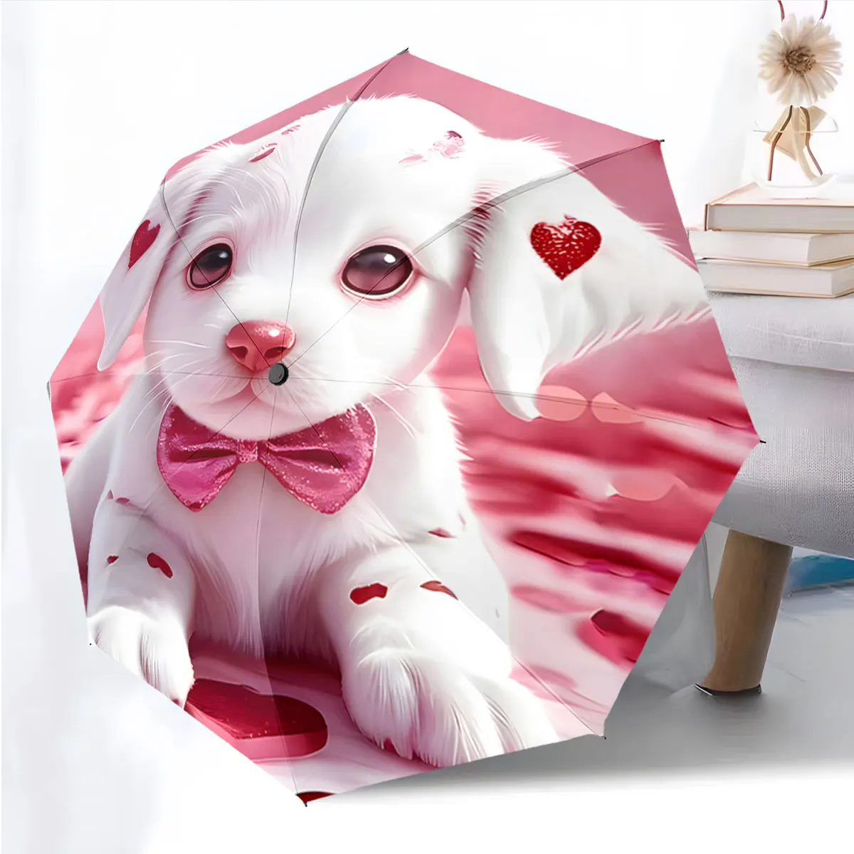 1PC Cute Puppy on Pink Umbrella Print 8 Iron Ribs Folding Umbrella Auto-Open Fashion Sunshade