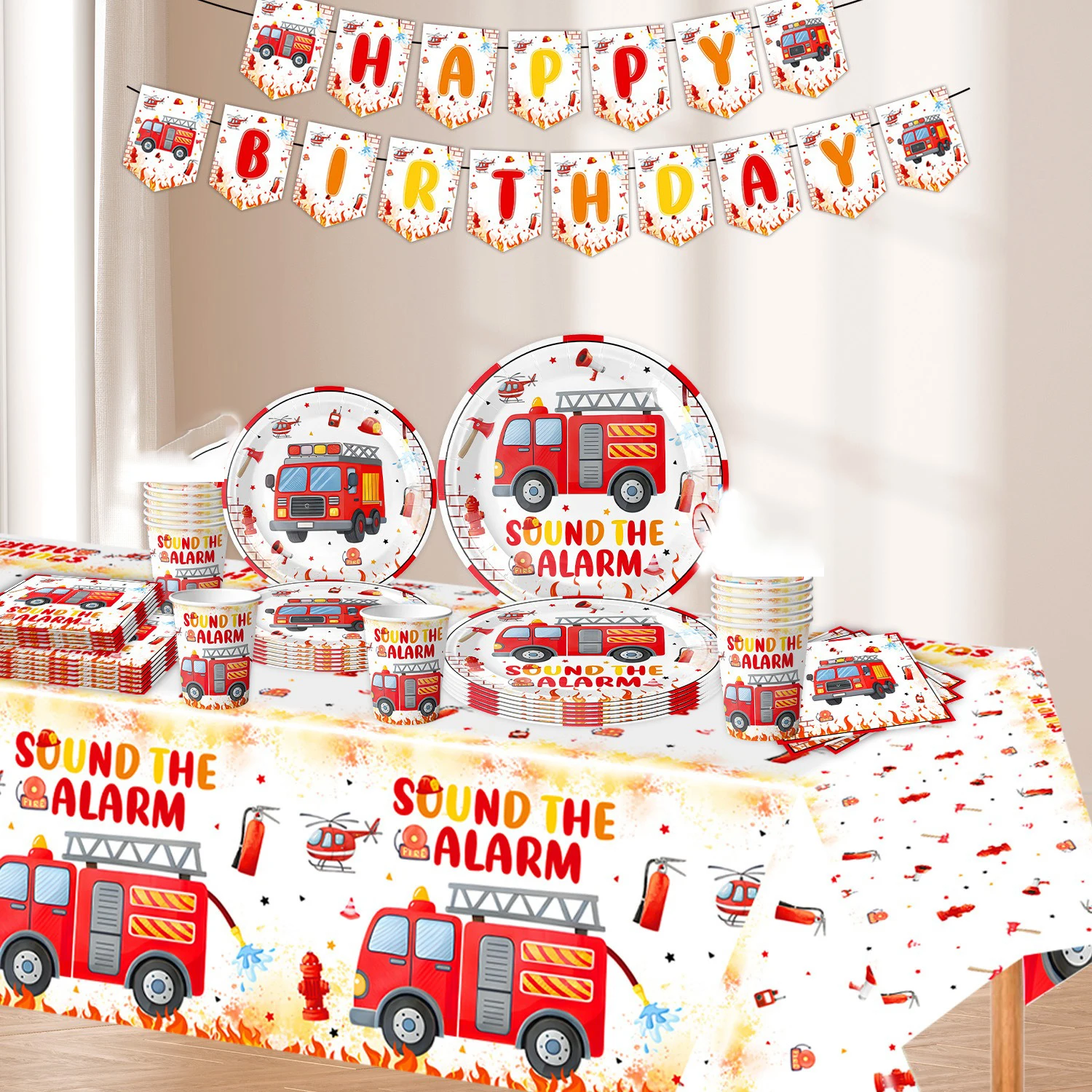 Flame Rescue Vehicle Cartoon Party Decoration Including Disposable Paper Plates Paper Cups Tissues Childrens Party Decorations