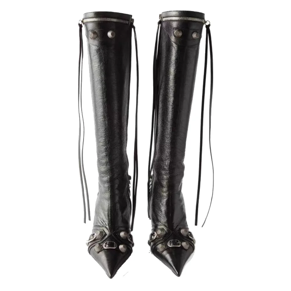 New Fashion Luxury Pointed Toe Stiletto Women\'s Shoes Retro Metal Buckle Zipper Knee High Boots Slim Tassel Boots Women Size 43