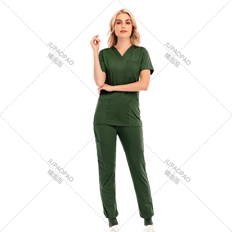 Uniforme de enfermería con cuello en V para mujer, ropa de trabajo de manga corta con bolsillo, sólido, ligero, transpirable, Tops, pantalones, traje de trabajo suave, nuevo