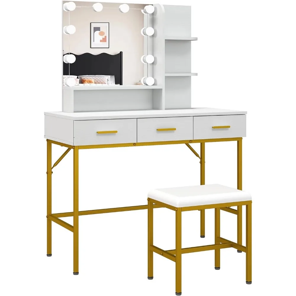 Dressing table with illuminated mirror, 3 drawers Dressing table with large storage Dressing Table, upholstered stool (white)