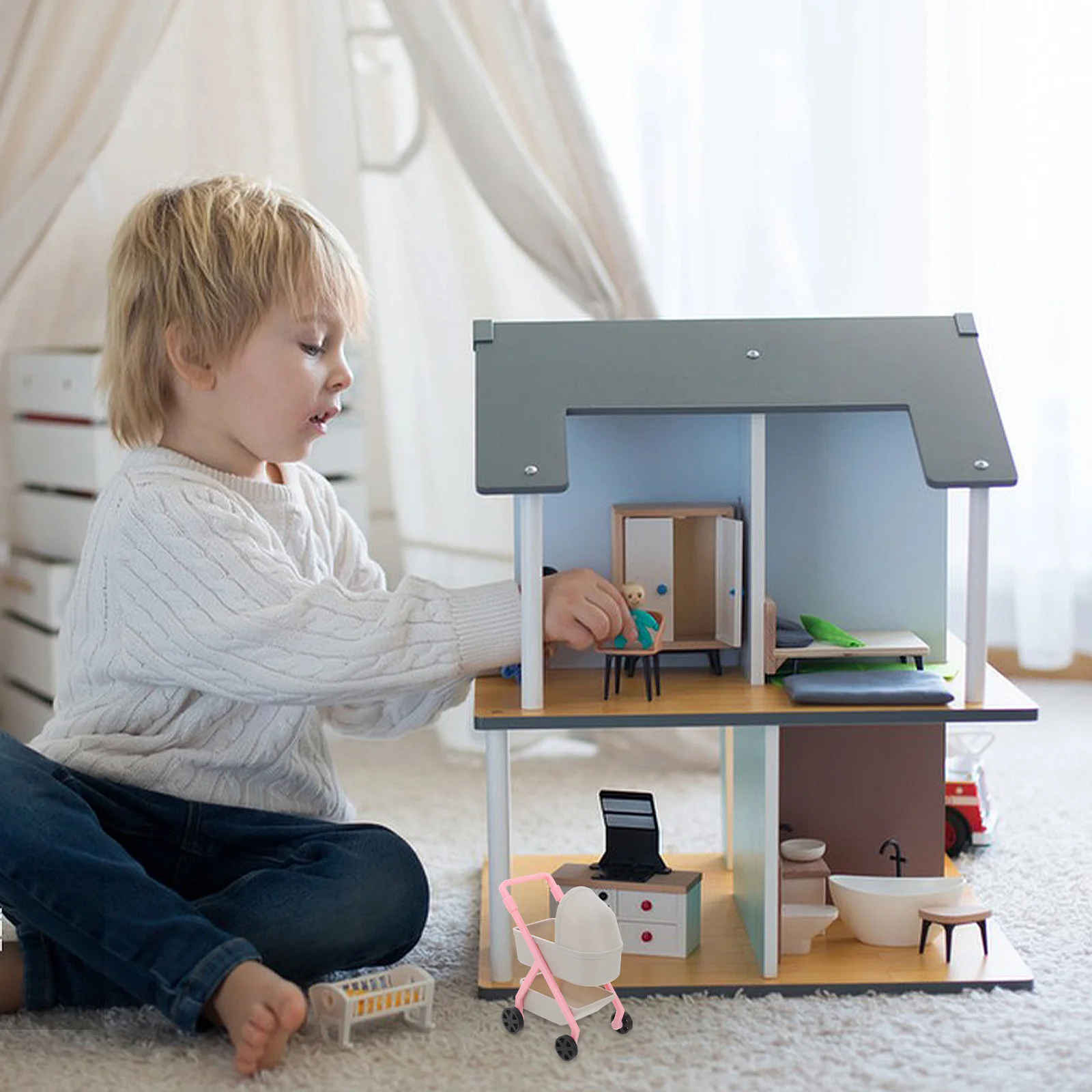 

Miniature Stroller Kids Baby Carriage Toys House Dollhouse Trolley Babydoll Plastic High Simulation Toddler