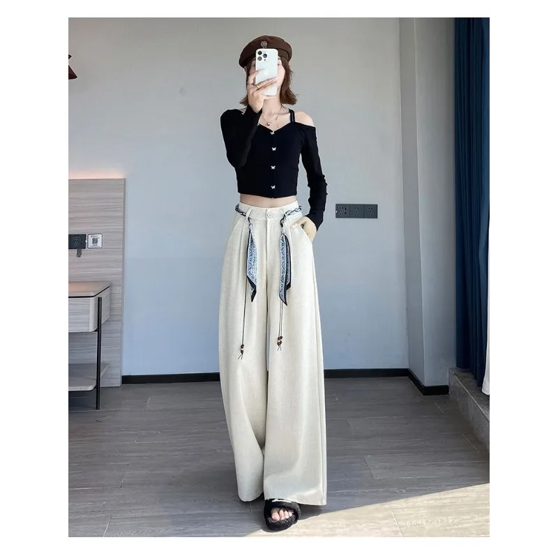 秋の新作 ハイウエスト ドレープ織りベルト付き ストレート カジュアル ワイドレッグ スーツパンツ