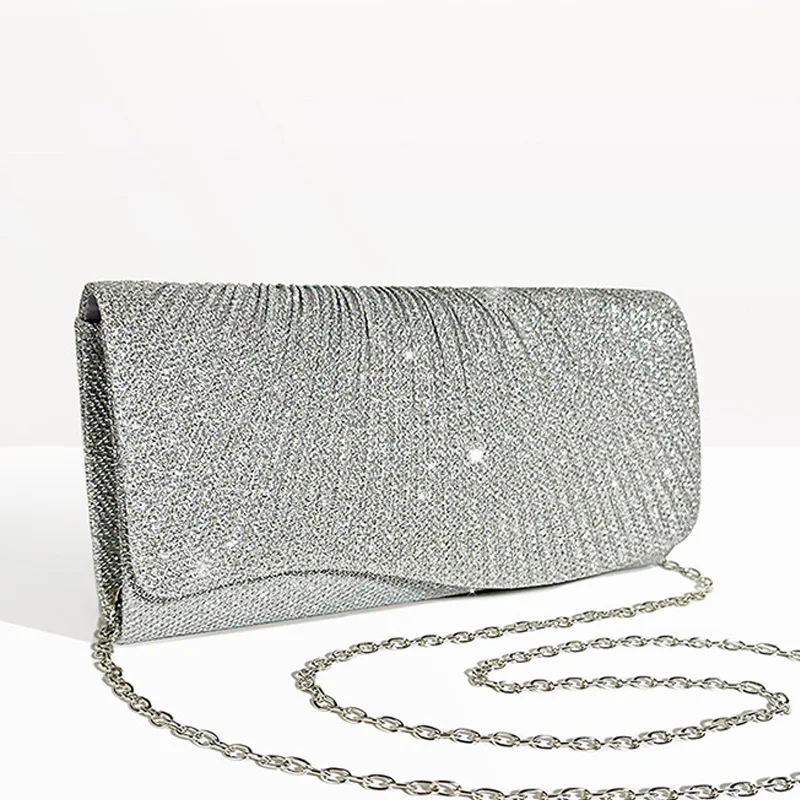 

Women Fold Glitter Handbag Shiny Envelope Evening Bag Ladies Pleated Silver Clutch Chain Wedding Party Mini Long Purse XA12ZD