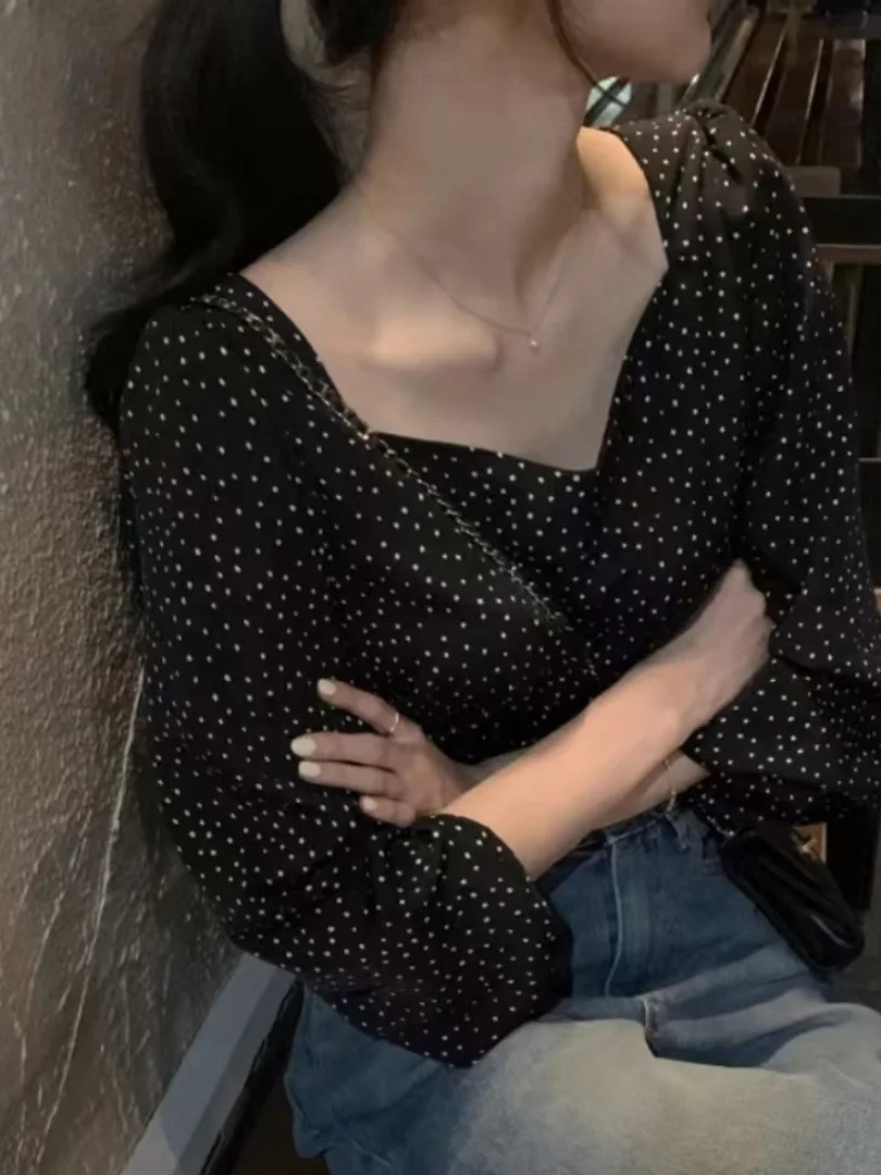 

Loose Korean Style Long Sleeve Polka Dot Shirt Bridesmaid Top Square Collar Bone Exposure Vintage High Quality Women's Blouse