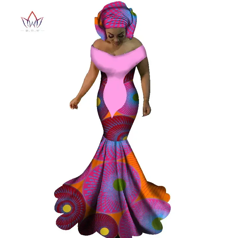 BRW African Dresses for Women Sexy Slash Neck Long Dresses Bazin Riche African Print Mermaid Clothing Plus Size 6XL WY1860