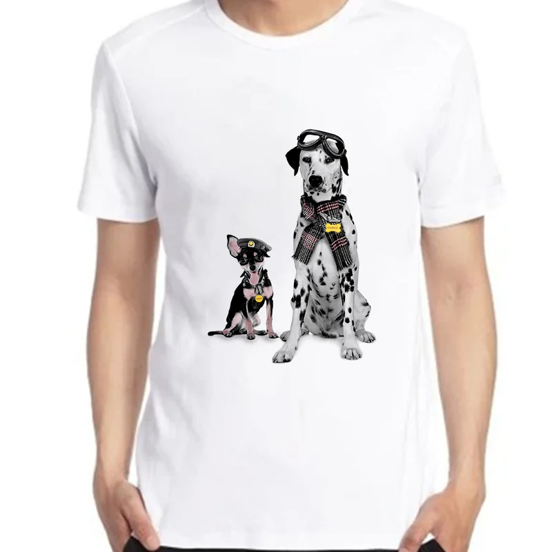Chihuahua And Dalmatian Flight Pilot Graphic T-Shirt Funny Oversize Hipster Dog Short Sleeve Cotton Fashion T-Shirt