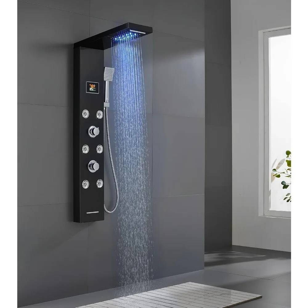 MENATT Rainfall Waterfall Shower Panel Black with LED Lights (No Battery Needed), 5 in 1 Shower Panel Tower System