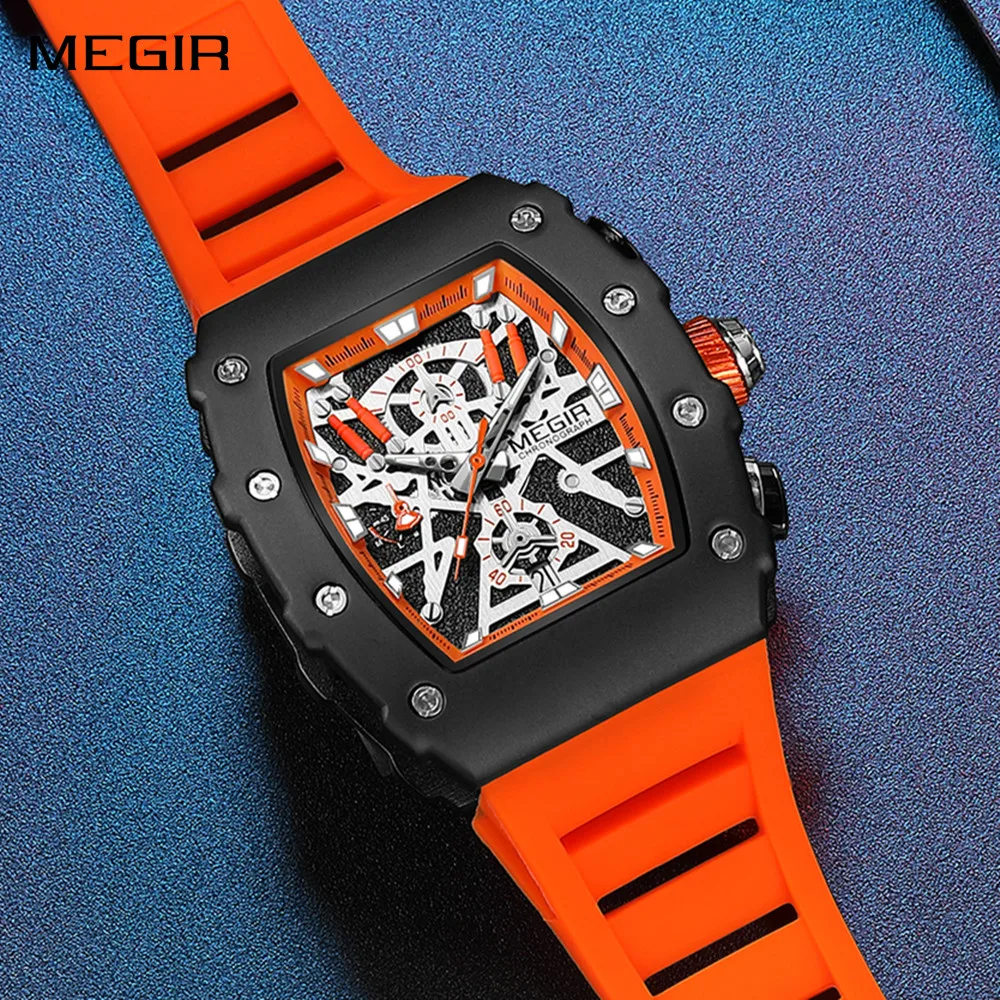 

MEGIR Chronograph Tonneau Design Quartz Men's Watch Silicone Waterproof Calendar Male Sport Casual Wrist Watches Reloj Hombre