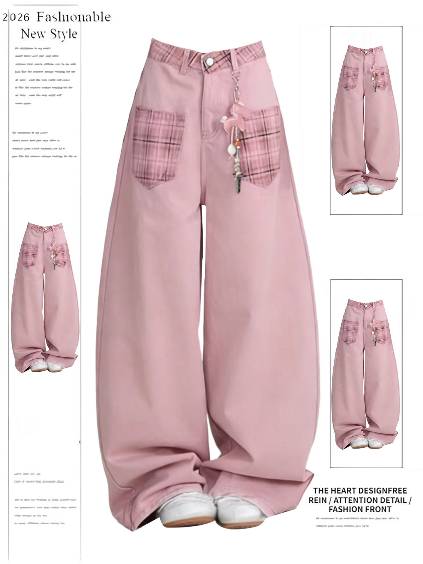 

Dopne Pink Plaid Splicing Women's Jeans Spring New Loose Straight Leg Wide Leg Pants High Waist Soft Denim Casual Wear