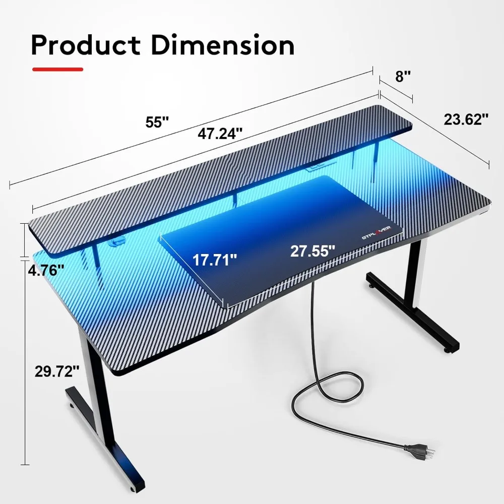 55 Inch Gaming Desk, Computer Gamer Desk with Monitor Stand, Ergonomic Carbon Fiber Surface