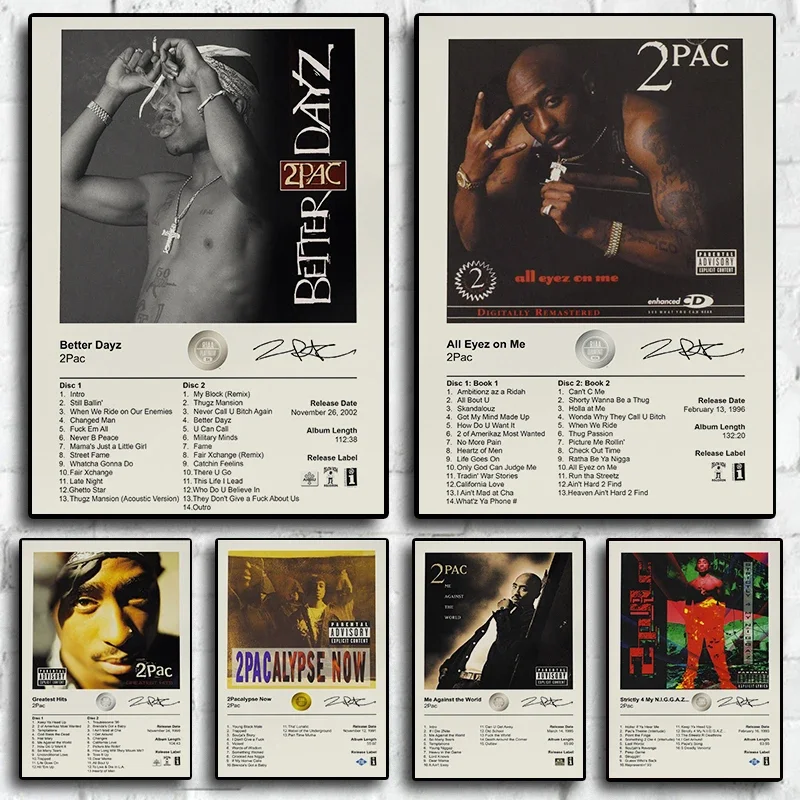 Retro Music Album 80s Star 2Pac Art Hip Hop Rap Canvas Painting Print Posters for Bedroom Living Room Home Wall Decor Gift