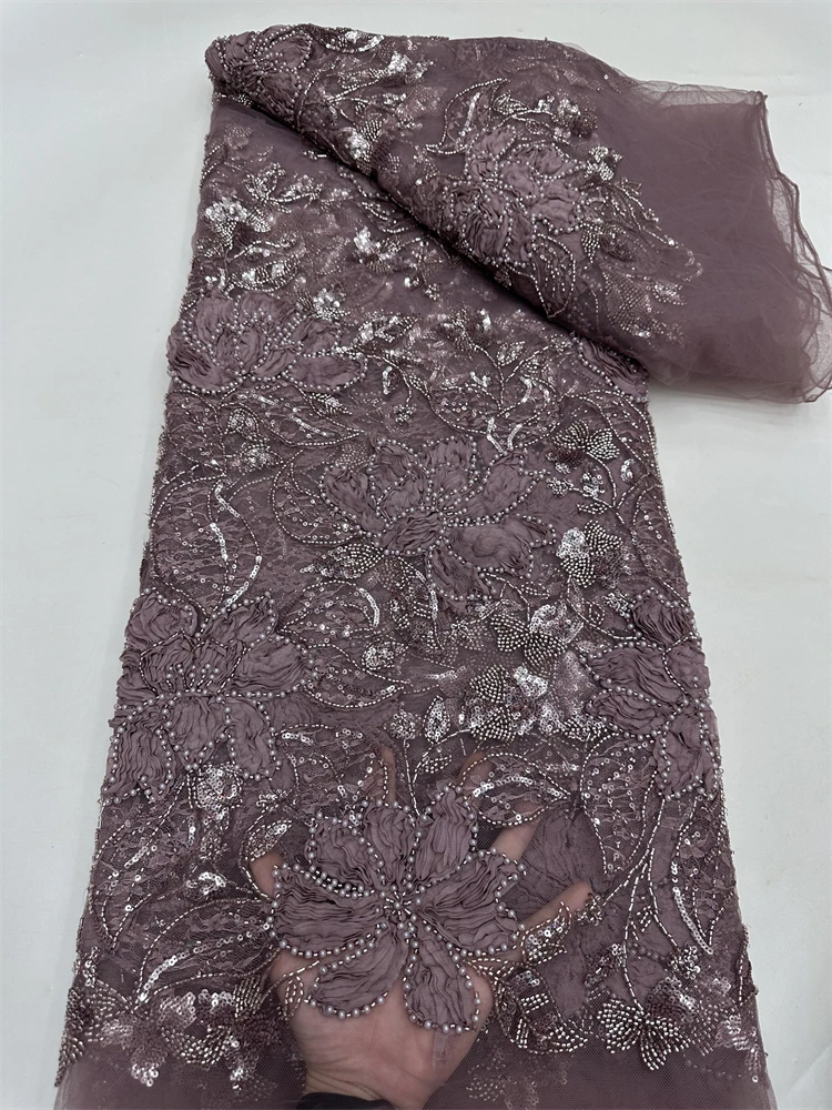 豪華なアフリカビーズネットメッシュレース生地 2025 ビーズ刺繍スパンコールフレンチチュールレースナイジェリアの結婚式のパーティードレス