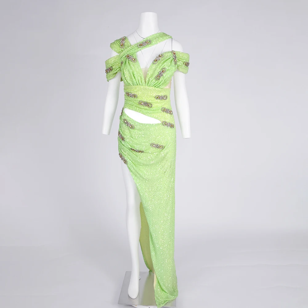 Vestido de novia de noche sexy con cuentas verdes para mujer – Vestido de fiesta con hombros descubiertos y abertura alta