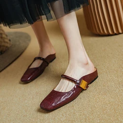 2024 Summer Women Mules Genuine Leather Shoes for Women Cover Toe Low Heel Slippers Square Toe Sandals Internal Elevation Shoes