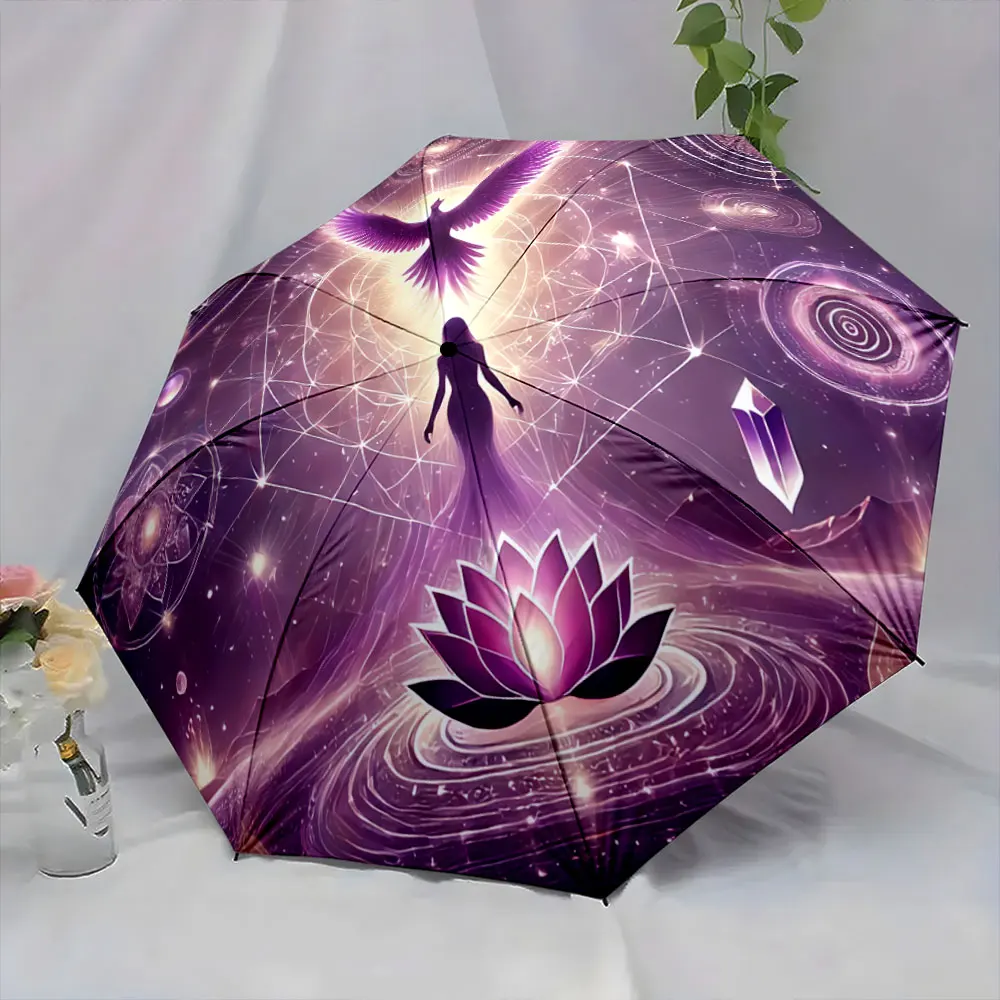 Mystical Lotus and Phoenix Design with Spiritual Symbols portable waterproof sun rain umbrella for outdoor travel beach