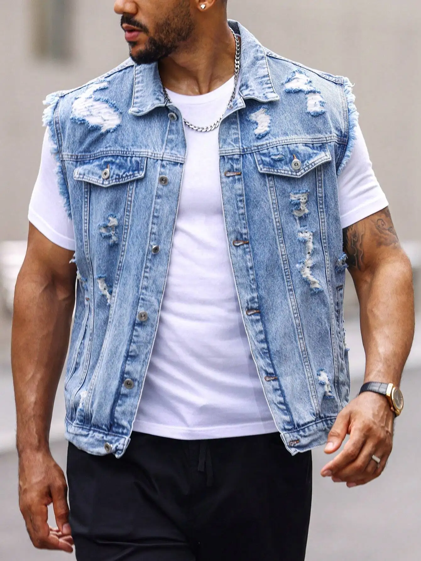

Men's Light Blue Distressed Frayed Denim Vest Jacket, Casual Streetwear Style