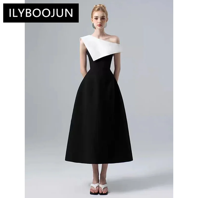 

Женское модное платье ILYBOOJUN, элегантное платье в стиле пэчворк контрастных цветов с диагональным воротником и рукавами, лето 2024 Новинка