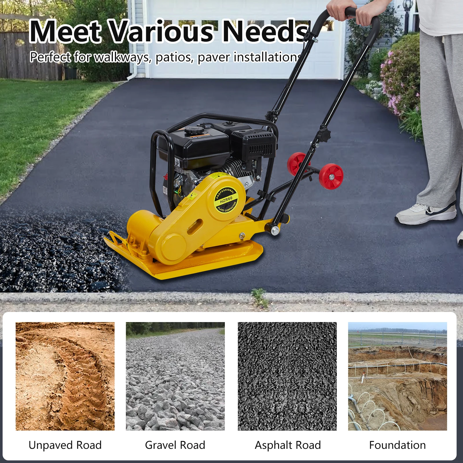 

Пластина Compactor Rammer 7HP, 4200 фунтов Compaction Force Rammer Jumping Jack Tamper Pavement для Walkways Asphalts Paver Ландшафтный дизайн