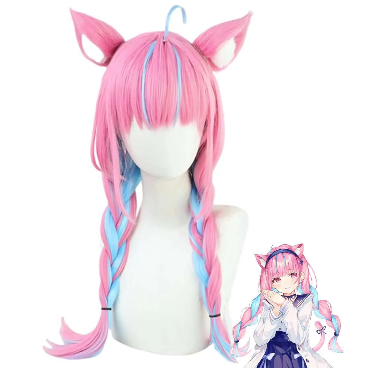 Women Virtual YouTuber VTuber Hololive Minato Akua Blue Pink Heat Resistant long ear Wig