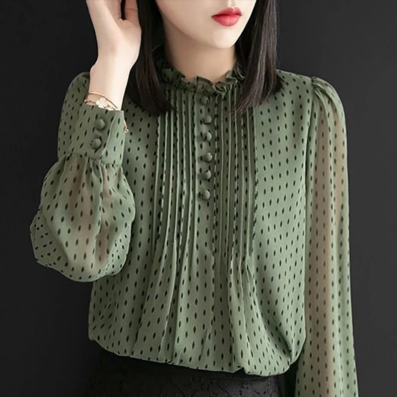 Women Spring Autumn Style Chiffon Blouses Shirts Lady Casual Long Sleeve O-Neck Polka Dot Printed Chiffon Blusas Tops DD8879