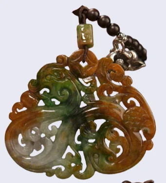 Natural Burmese Jadeite from Old Mines, Three-Color Full-Color Hollow-Carved Double-Sided Double Dragon Jade Pendant, a Heirloom Treasure