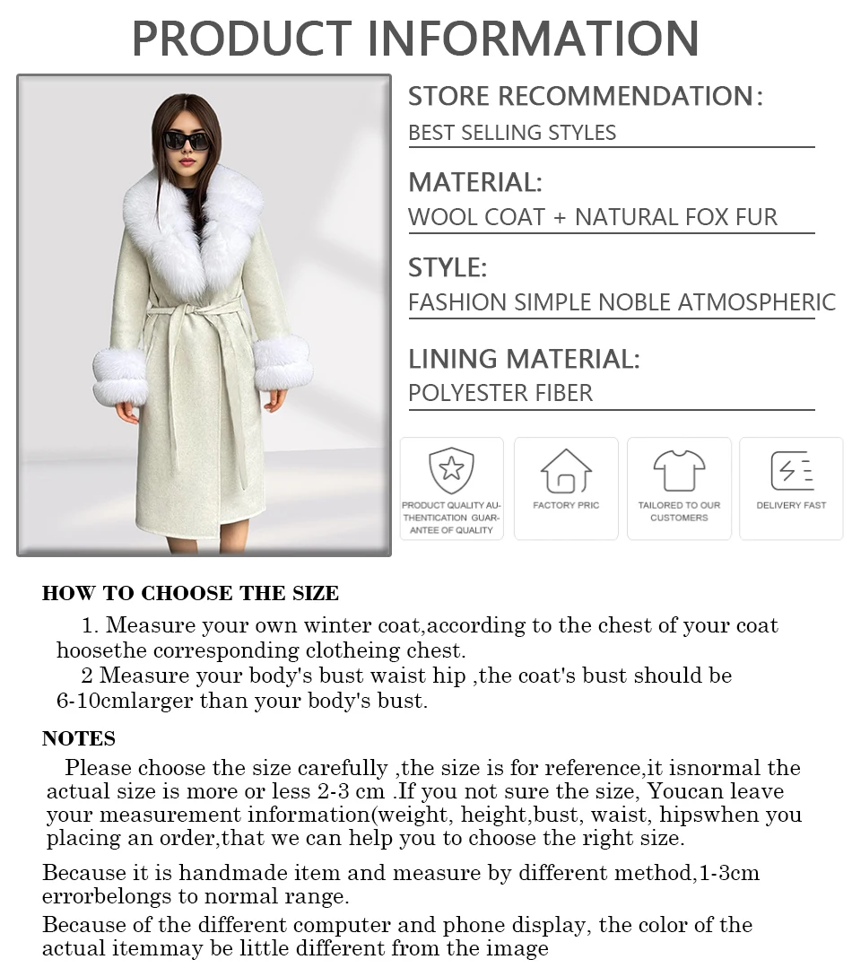 Casacos de lã branca casaco de caxemira real com acabamento de pele de raposa longo misturas de lã casaco de lã de alta qualidade feminino