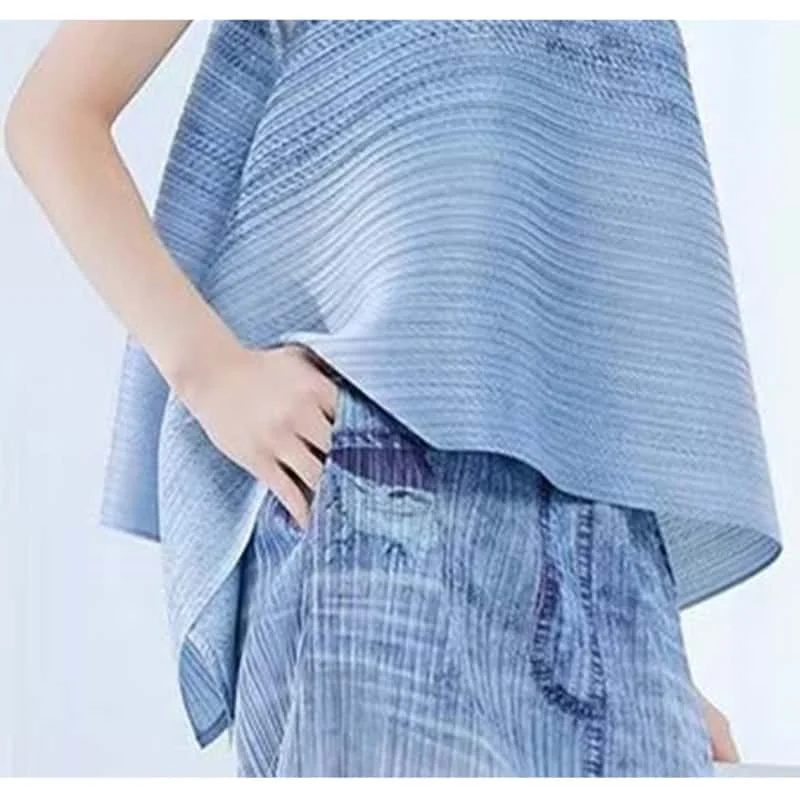 Fashion Summer New Pleated Two Piece Set Women's O Neck Sleevess Tops Vest + High Waist Casual Spliced Tassel Skirt Ladies Suits