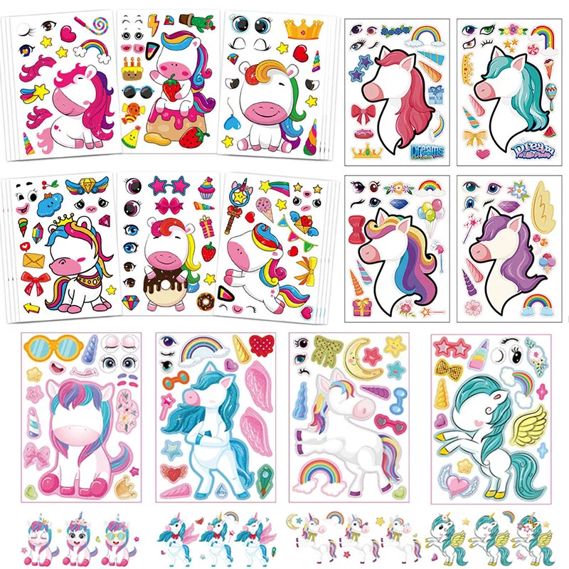 Fantasy Rainbow Unicorn Stickers Sheets For Children Kawaii Cartoon Make A Face DIY Puzzle Stickers Kids Party Game Supplies Toy