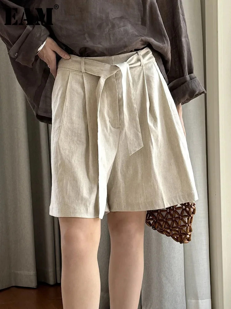 

[EAM] Women Camel Bandage Pockets Casual Wide Leg Shorts New High Waist Trousers Fashion Tide Spring Summer 2024 1DH6060