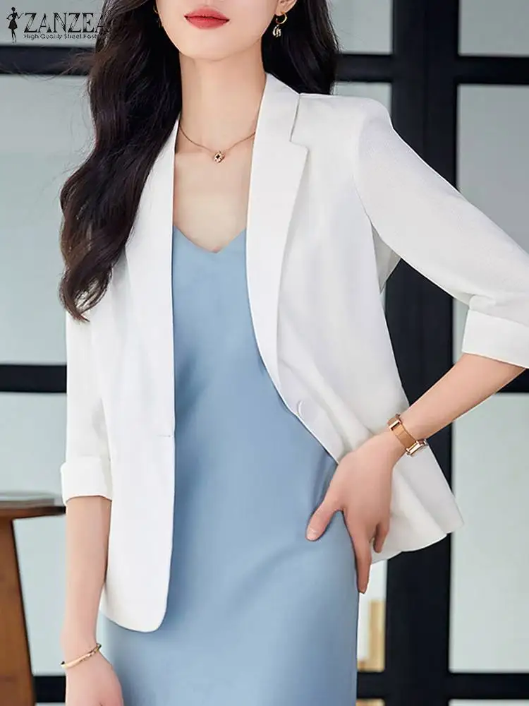 ZANZEA Korean Fashion Waffle Casual Blazer Notched Lapel Office Lady Women Elegant Suits Fall 2024 3/4 Sleeve Thin Suit Jackets