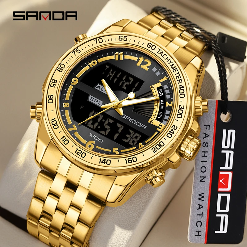 

SANDA Top Luxury Original Sports Wrist Watch For Men Quartz Steel Waterproof Dual Display Military Watches Relogio Masculino