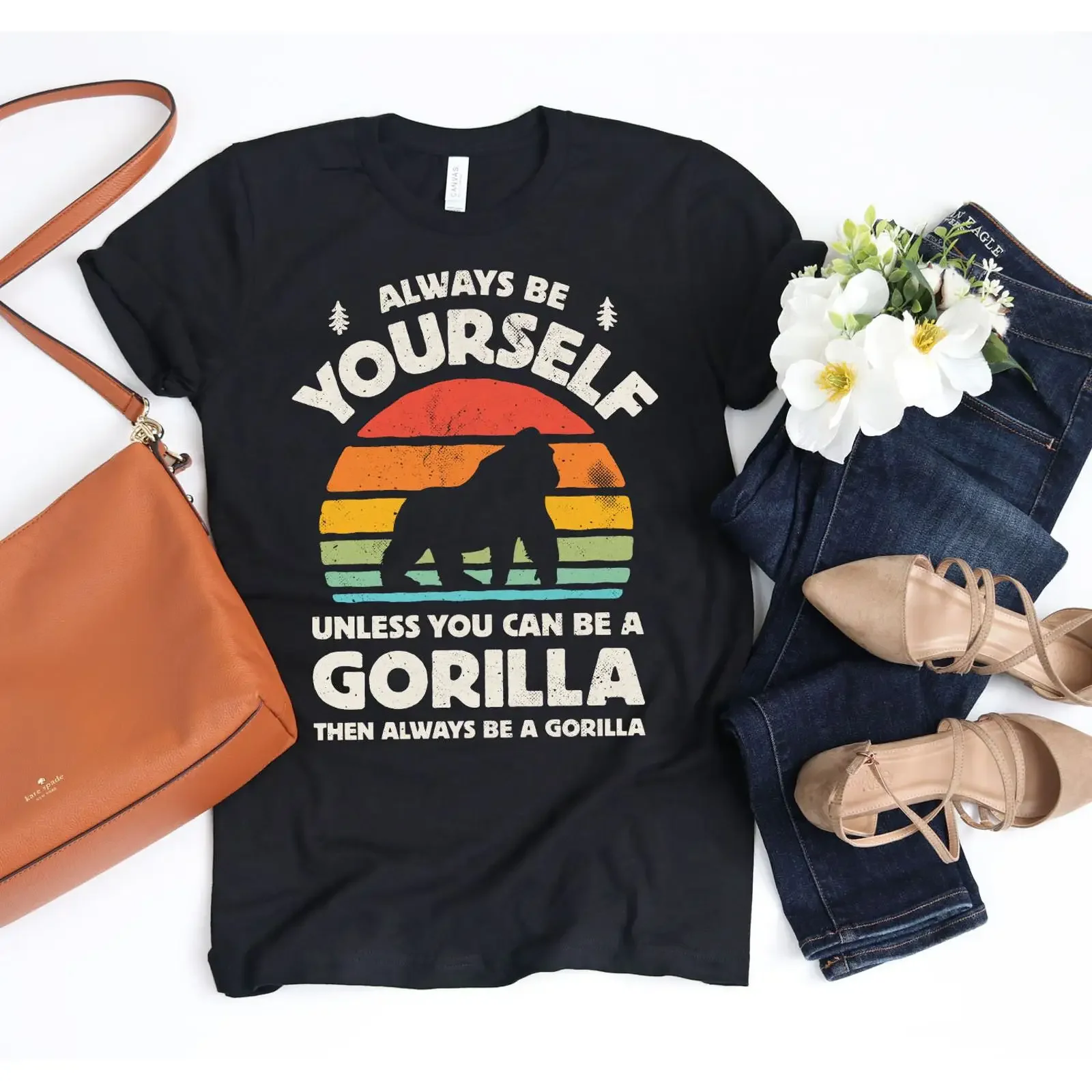 Always Be Yourself Unless A Gorilla Retro Sunset T Shirt Funny Lover Ape Monkey Available vintage Washed streetwear homme
