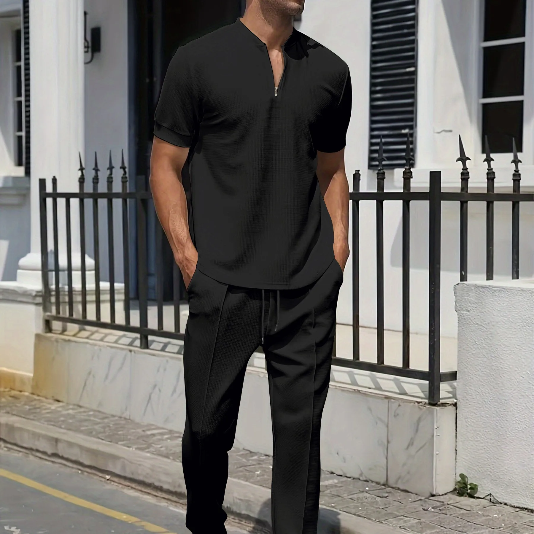 2025 New men's suit summer casual short-sleeved stand collar Waffle Polo shirt T-shirt trousers two sets