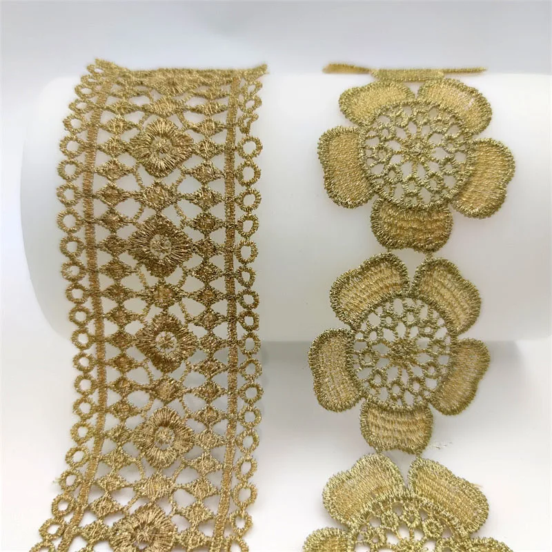 High Quality Gold Line Lace Trims Fabric Ribbon Embroidery Flowers lace Bilateral Hollowing Sewing Collar Trimmings