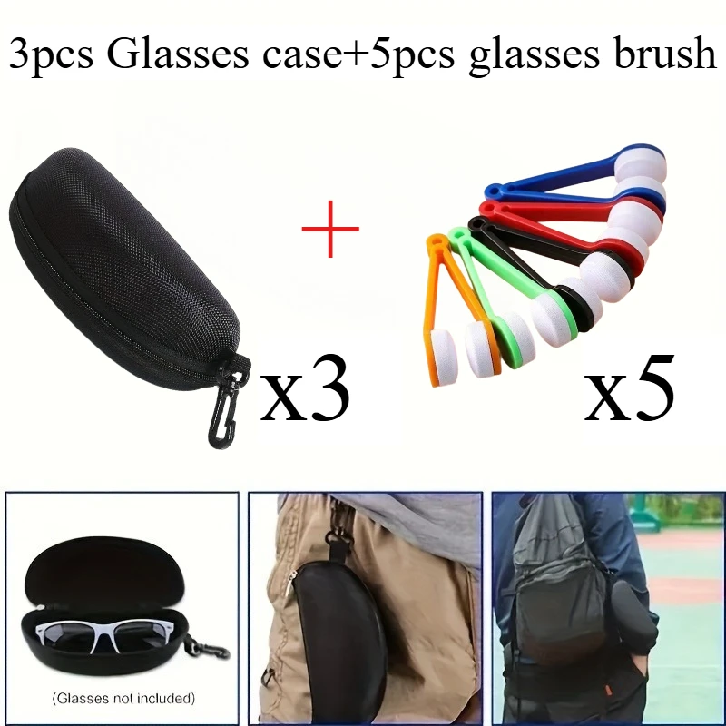 3Pcs Glasses Storage Case with Hook + 5Pcs Microfiber Cleaning Brushes Set - Portable Zipper Eyeglass Organizer & Spectacles