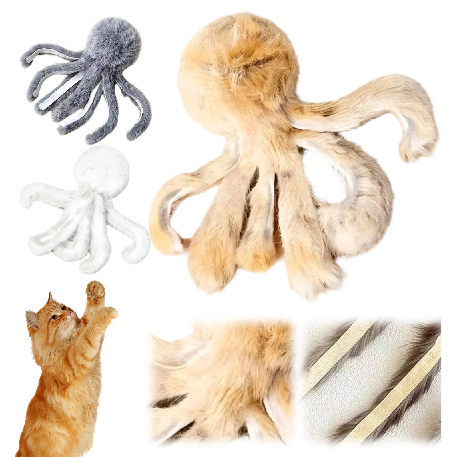 Rabbit Fur Octopuss Cat Teaser Toy With Fur Soft Texture Plush Octopuss Toy for Cat Lightweight for Kitten Teasing Chewing
