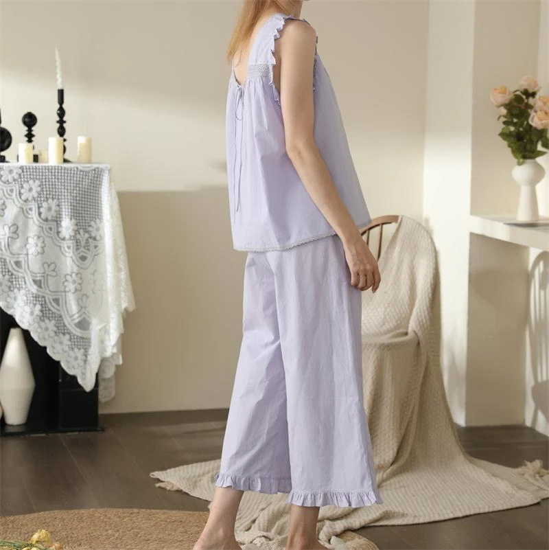 Women's French Princess Style Pajama Sets Sexy Back Lace Up Sleepwear 2 Piece Cotton Loungewear Set For Girls Ladies Home Wear
