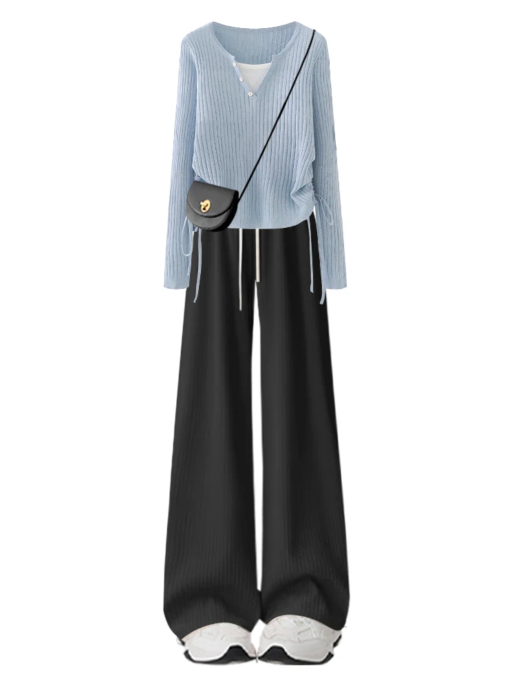한국 슬레 가을 패션 안티에이징 투피스 세트 여성 캐주얼 니트 탑과 롱 팬츠 V넥 롱 슬리브 앙상블